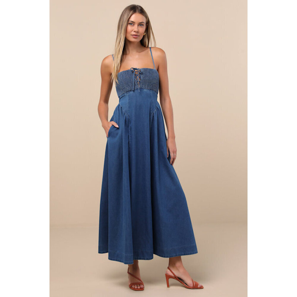 Lulus Laylie Medium Wash Denim Lace-up Midi Dress Blue - Size XS
